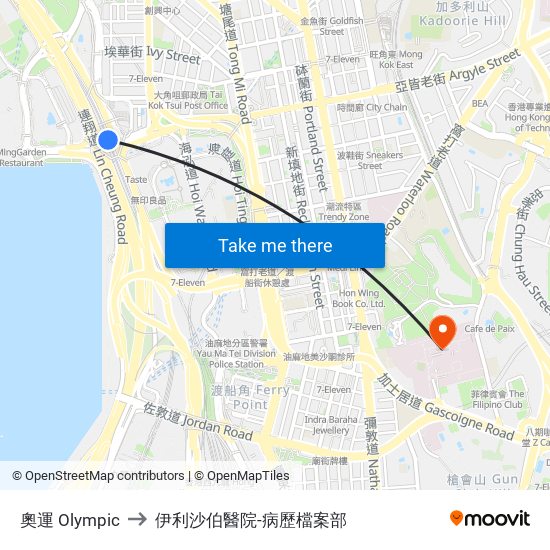 奧運 Olympic to 伊利沙伯醫院-病歷檔案部 map