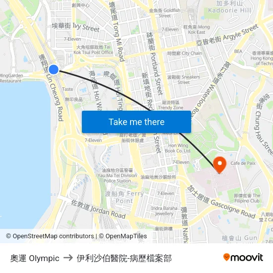 奧運 Olympic to 伊利沙伯醫院-病歷檔案部 map