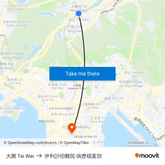 大圍 Tai Wai to 伊利沙伯醫院-病歷檔案部 map