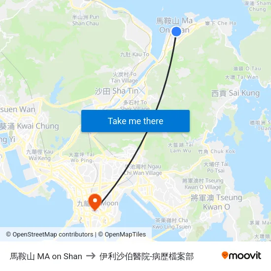 馬鞍山 MA on Shan to 伊利沙伯醫院-病歷檔案部 map