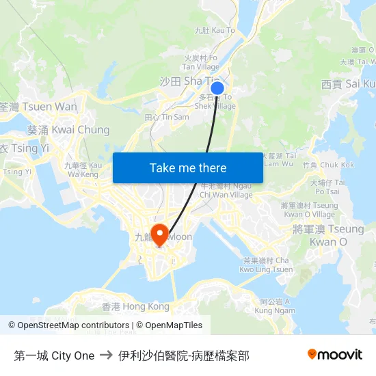 第一城 City One to 伊利沙伯醫院-病歷檔案部 map