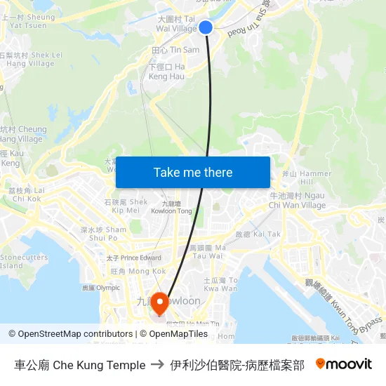 車公廟 Che Kung Temple to 伊利沙伯醫院-病歷檔案部 map