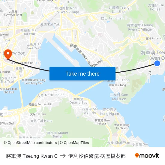 將軍澳 Tseung Kwan O to 伊利沙伯醫院-病歷檔案部 map