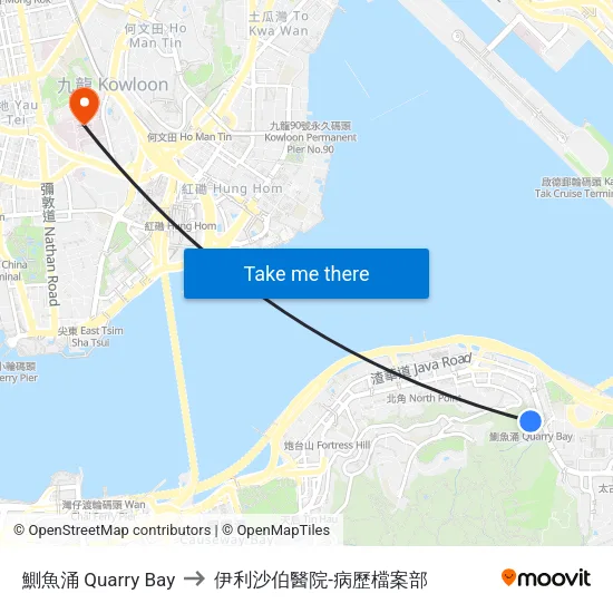 鰂魚涌 Quarry Bay to 伊利沙伯醫院-病歷檔案部 map