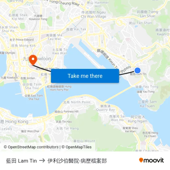 藍田 Lam Tin to 伊利沙伯醫院-病歷檔案部 map