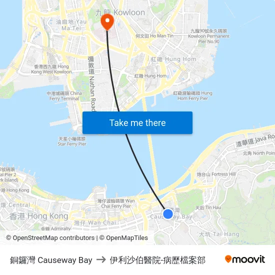 銅鑼灣 Causeway Bay to 伊利沙伯醫院-病歷檔案部 map
