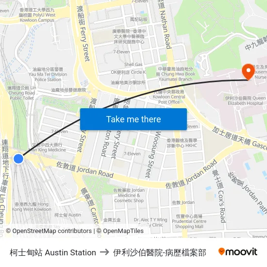 柯士甸站 Austin Station to 伊利沙伯醫院-病歷檔案部 map