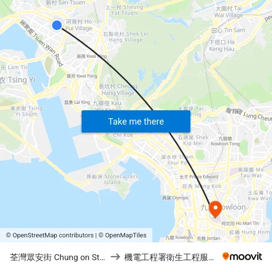 荃灣眾安街 Chung on Street Tsuen Wan to 機電工程署衛生工程服務機電服務大樓 map