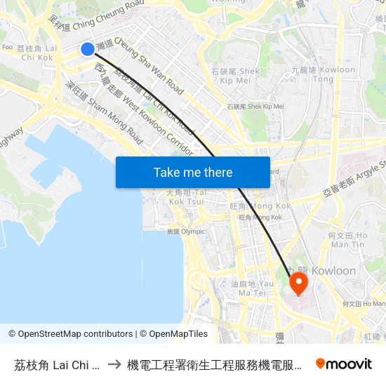 荔枝角 Lai Chi Kok to 機電工程署衛生工程服務機電服務大樓 map