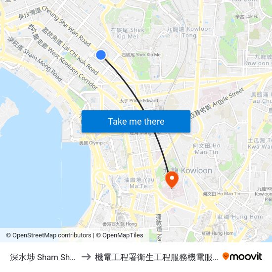 深水埗 Sham Shui Po to 機電工程署衛生工程服務機電服務大樓 map