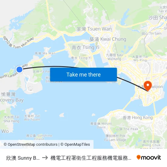 欣澳 Sunny Bay to 機電工程署衛生工程服務機電服務大樓 map