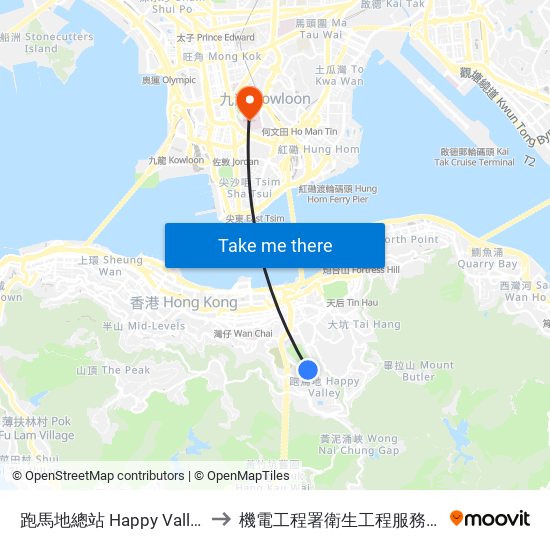 跑馬地總站 Happy Valley Terminus to 機電工程署衛生工程服務機電服務大樓 map