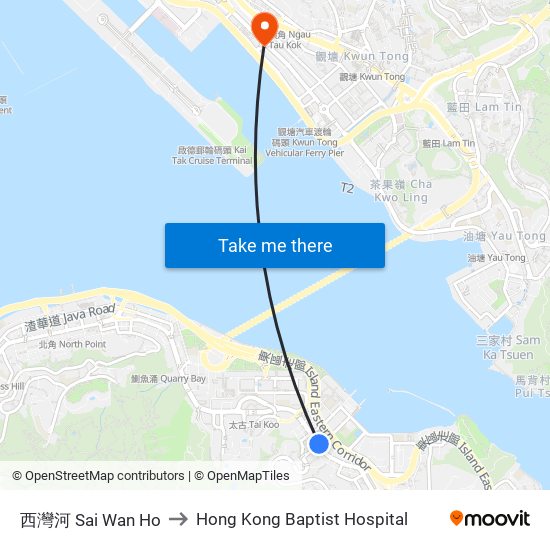 西灣河 Sai Wan Ho to Hong Kong Baptist Hospital map