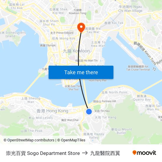 崇光百貨 Sogo Department Store to 九龍醫院西翼 map