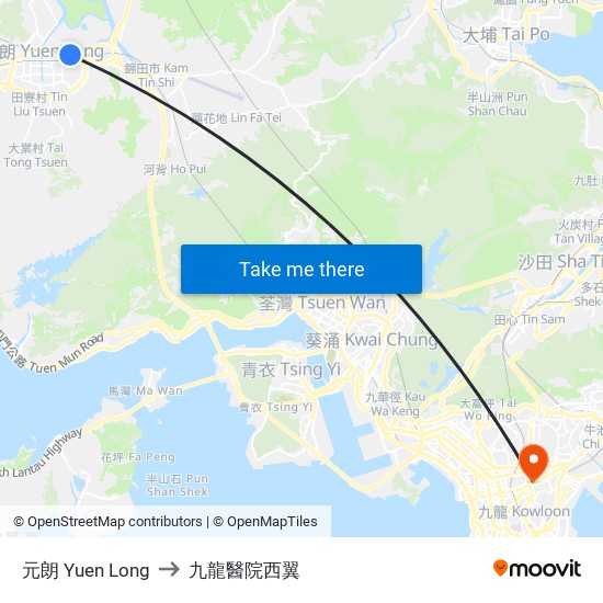 元朗 Yuen Long to 九龍醫院西翼 map