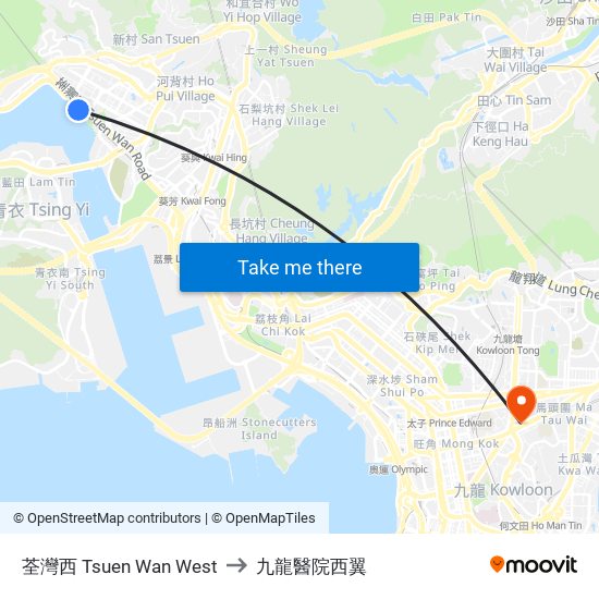 荃灣西 Tsuen Wan West to 九龍醫院西翼 map