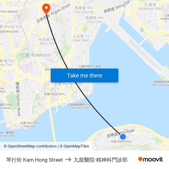 琴行街 Kam Hong Street to 九龍醫院-精神科門診部 map