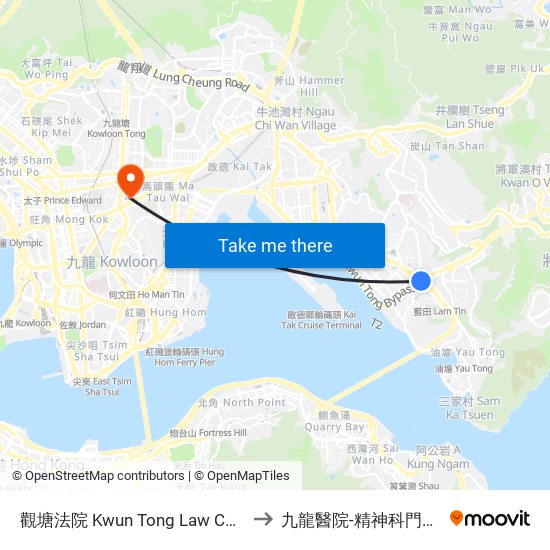 觀塘法院 Kwun Tong Law Courts to 九龍醫院-精神科門診部 map