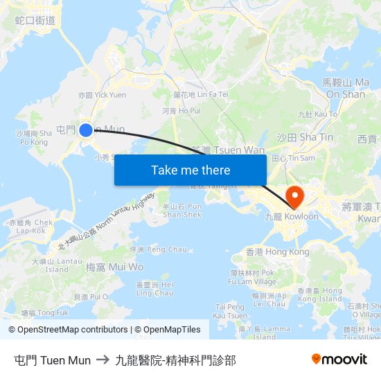 屯門 Tuen Mun to 九龍醫院-精神科門診部 map