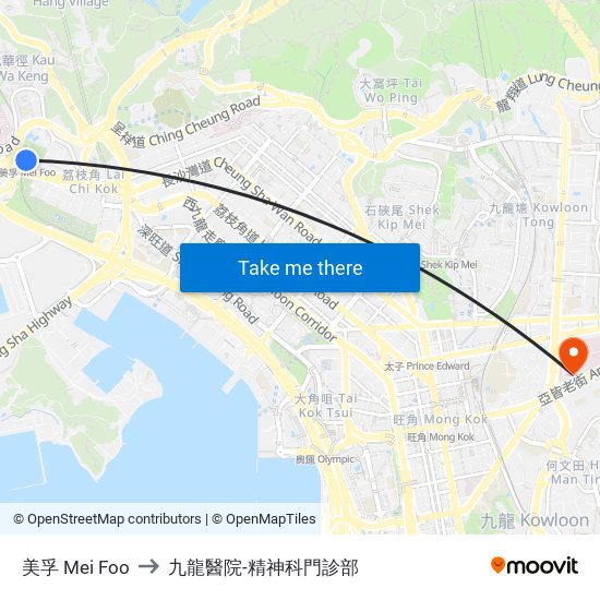 美孚 Mei Foo to 九龍醫院-精神科門診部 map