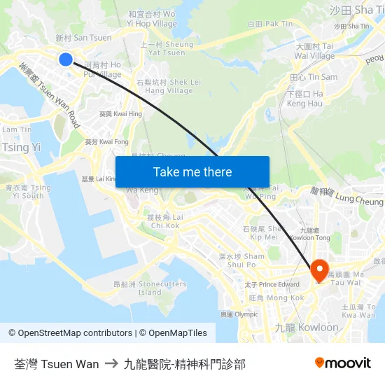荃灣 Tsuen Wan to 九龍醫院-精神科門診部 map