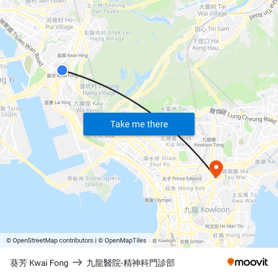 葵芳 Kwai Fong to 九龍醫院-精神科門診部 map