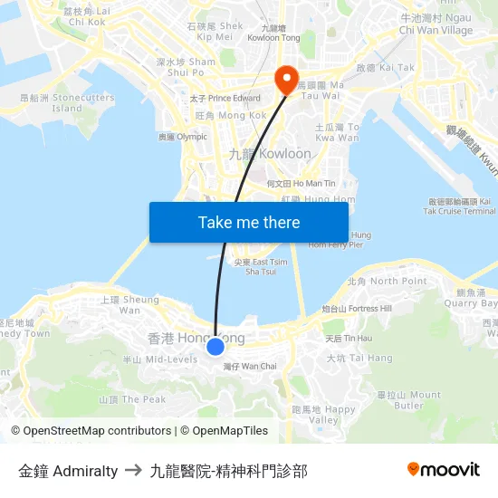 金鐘 Admiralty to 九龍醫院-精神科門診部 map