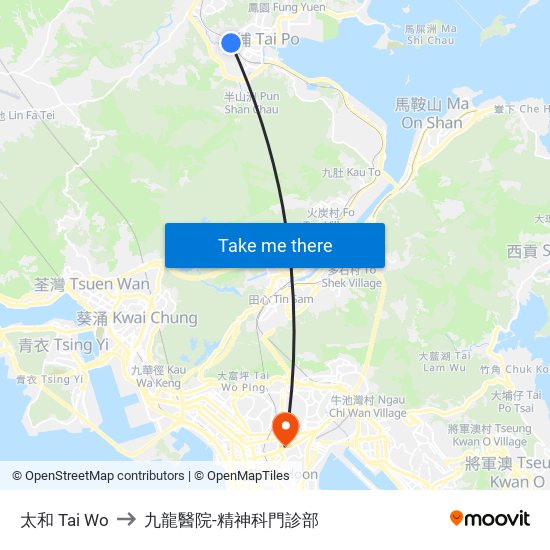 太和 Tai Wo to 九龍醫院-精神科門診部 map