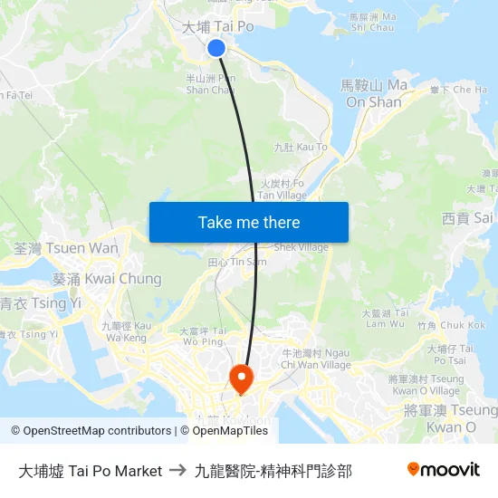 大埔墟 Tai Po Market to 九龍醫院-精神科門診部 map