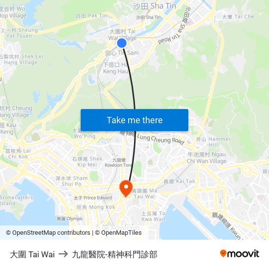 大圍 Tai Wai to 九龍醫院-精神科門診部 map
