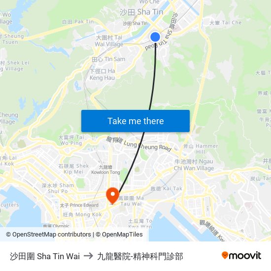 沙田圍 Sha Tin Wai to 九龍醫院-精神科門診部 map