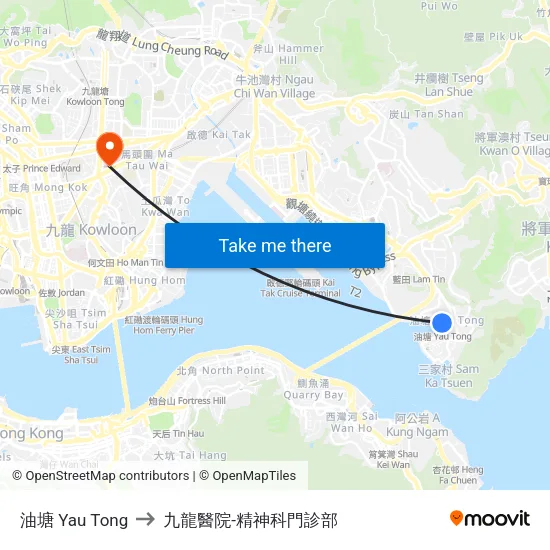 油塘 Yau Tong to 九龍醫院-精神科門診部 map