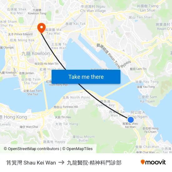 筲箕灣 Shau Kei Wan to 九龍醫院-精神科門診部 map