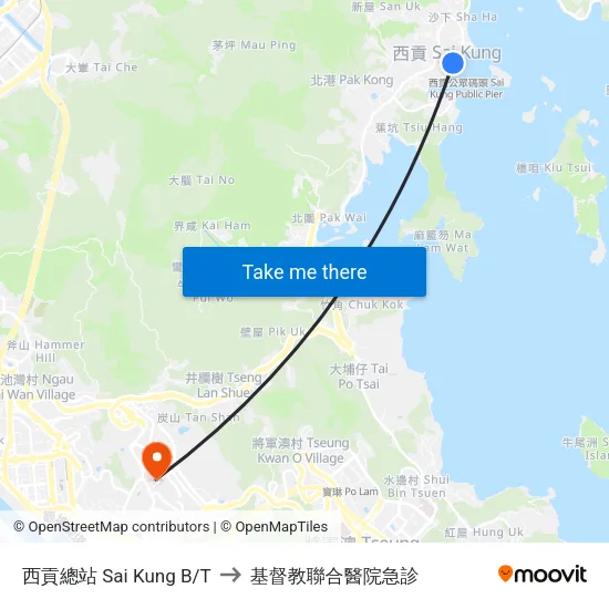 西貢總站 Sai Kung B/T to 基督教聯合醫院急診 map