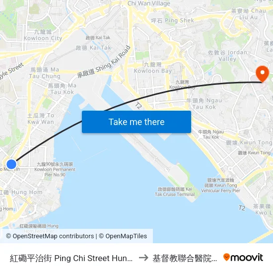 紅磡平治街 Ping Chi Street Hung Hom to 基督教聯合醫院急診 map