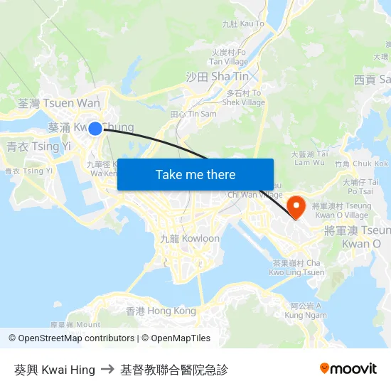 葵興 Kwai Hing to 基督教聯合醫院急診 map