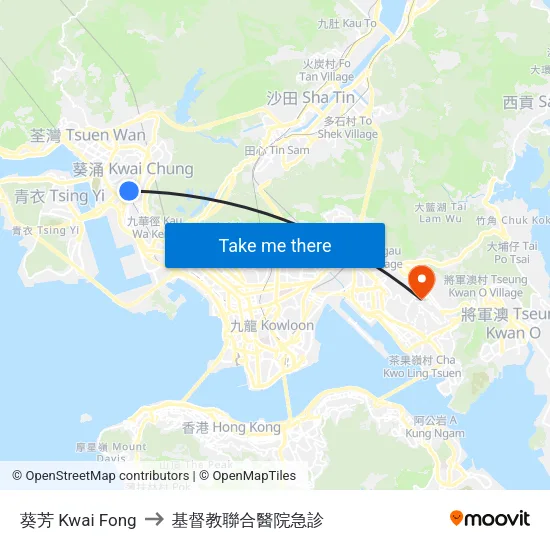 葵芳 Kwai Fong to 基督教聯合醫院急診 map