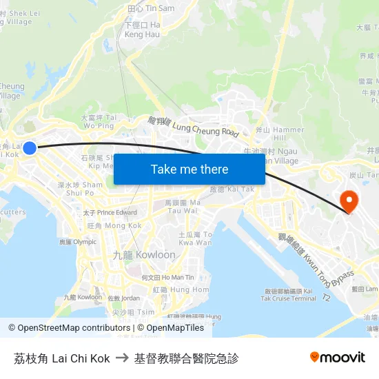 荔枝角 Lai Chi Kok to 基督教聯合醫院急診 map