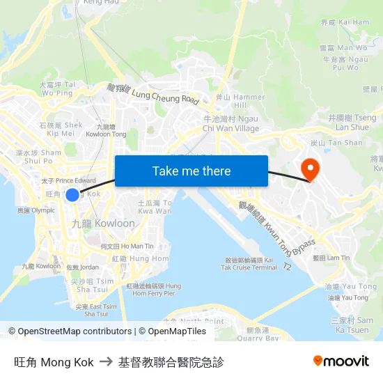 旺角 Mong Kok to 基督教聯合醫院急診 map