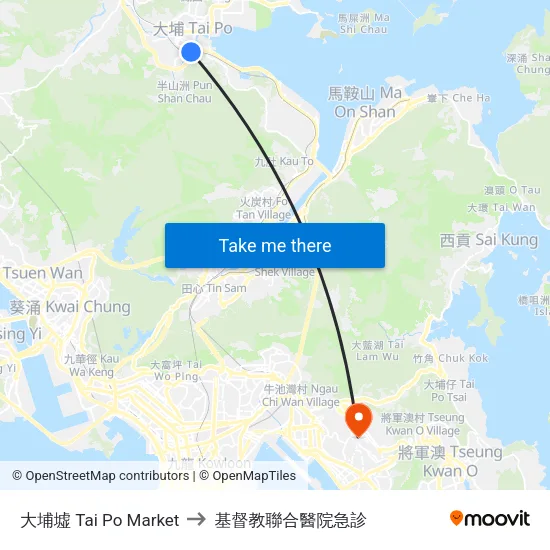 大埔墟 Tai Po Market to 基督教聯合醫院急診 map
