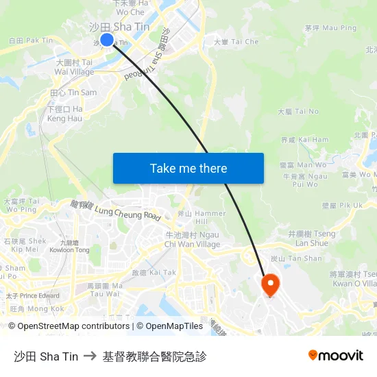 沙田 Sha Tin to 基督教聯合醫院急診 map