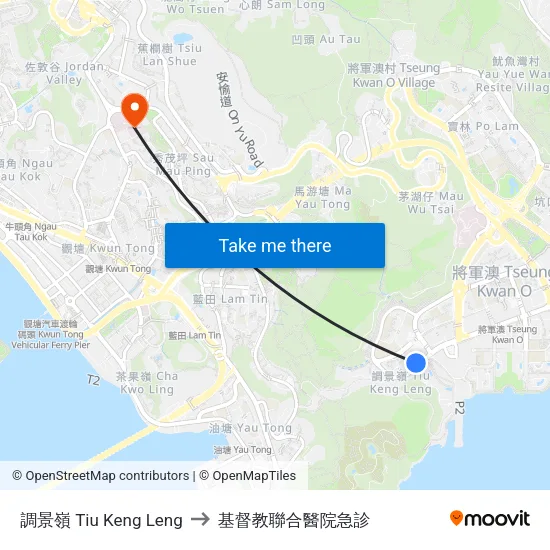 調景嶺 Tiu Keng Leng to 基督教聯合醫院急診 map