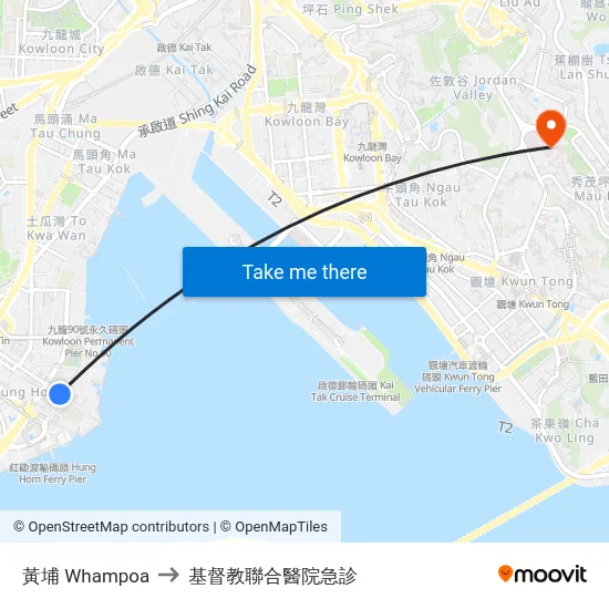 黃埔 Whampoa to 基督教聯合醫院急診 map