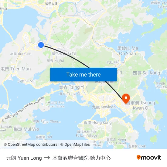 元朗 Yuen Long to 基督教聯合醫院-聽力中心 map