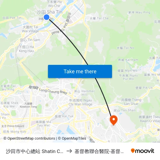 沙田市中心總站 Shatin Central Bus Terminus to 基督教聯合醫院-基督教聯合那打素護康院 map