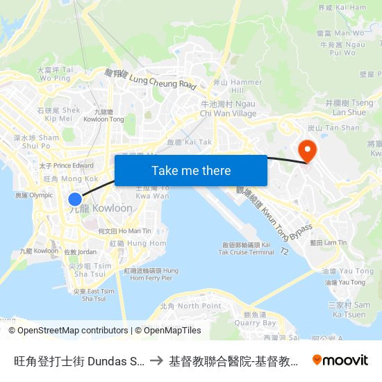 旺角登打士街 Dundas Street Mong Kok to 基督教聯合醫院-基督教聯合那打素護康院 map