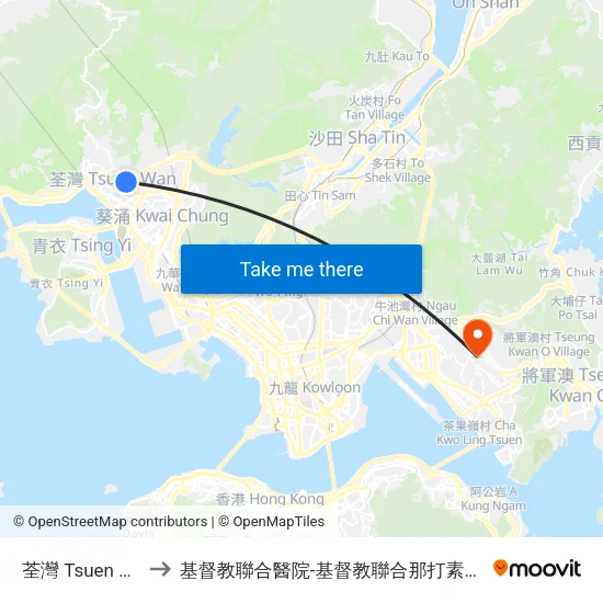 荃灣 Tsuen Wan to 基督教聯合醫院-基督教聯合那打素護康院 map