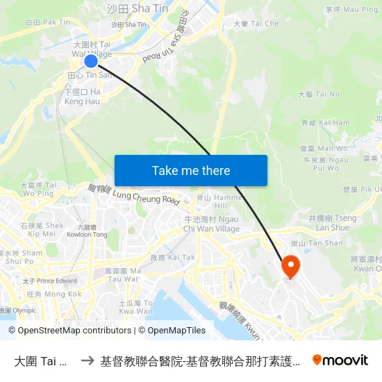 大圍 Tai Wai to 基督教聯合醫院-基督教聯合那打素護康院 map