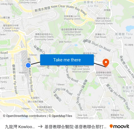 九龍灣 Kowloon Bay to 基督教聯合醫院-基督教聯合那打素護康院 map