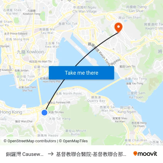 銅鑼灣 Causeway Bay to 基督教聯合醫院-基督教聯合那打素護康院 map